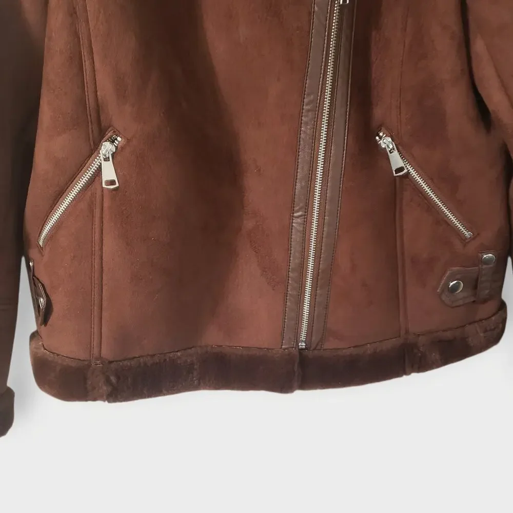 NWT Maurices Faux Suede + Fur Moto Jacket Brown Asymmetrical Zip Sz Lg Bikercore
